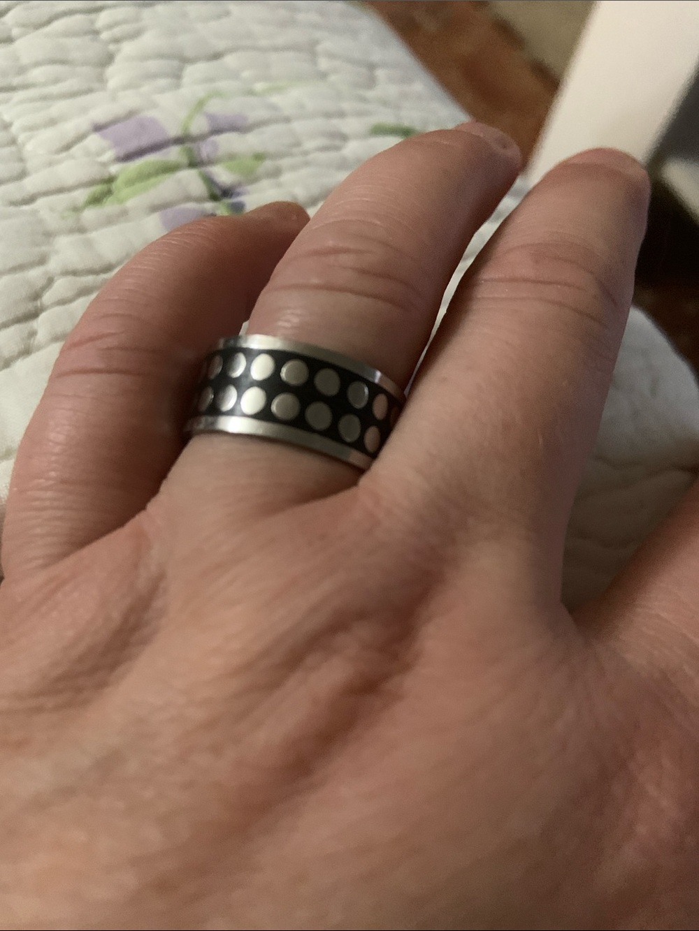 Polished Silver-Tone Dot Band Ring - Black and Silver